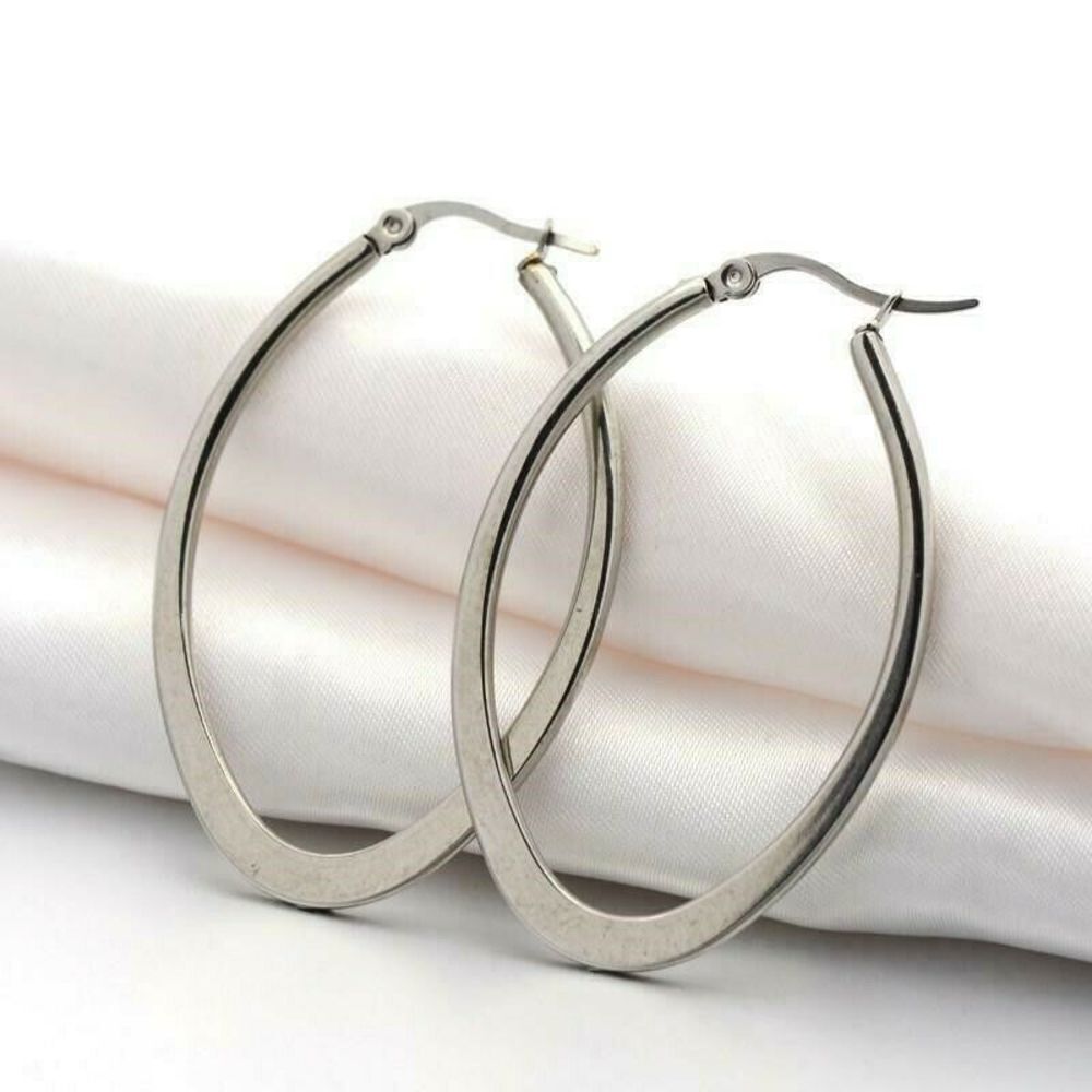 Surgical Stainless Steel Bladed Oval 34x22mm Silver Hoop Earrings